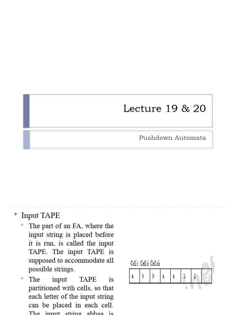 ToA - Lecture 19 20 - Push Down Automata | PDF | Syntax (Logic) | Metalogic