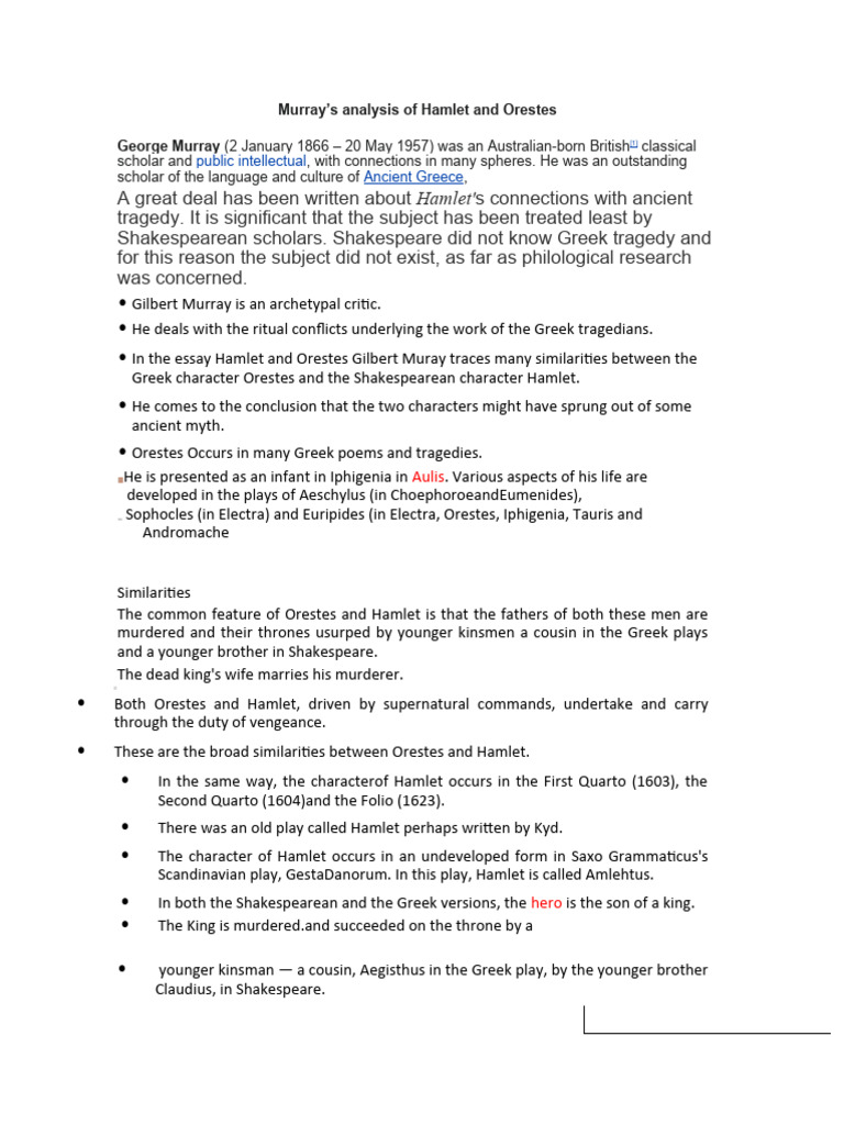 Murray’s analysis of Hamlet and Orestes PDF Hamlet Tragedy
