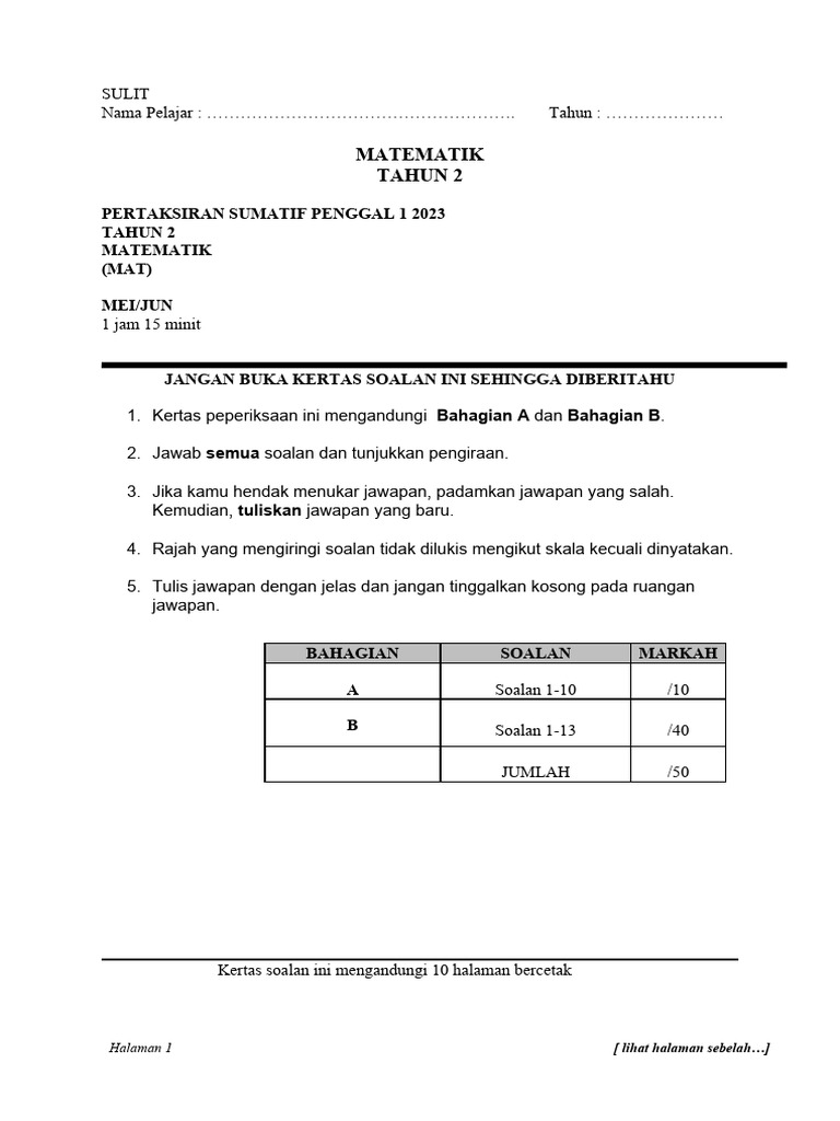 Matematik Tahun 2 Pdf