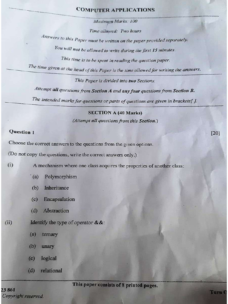 Icse Class 10 Computer Applications Question Paper 2023 | PDF