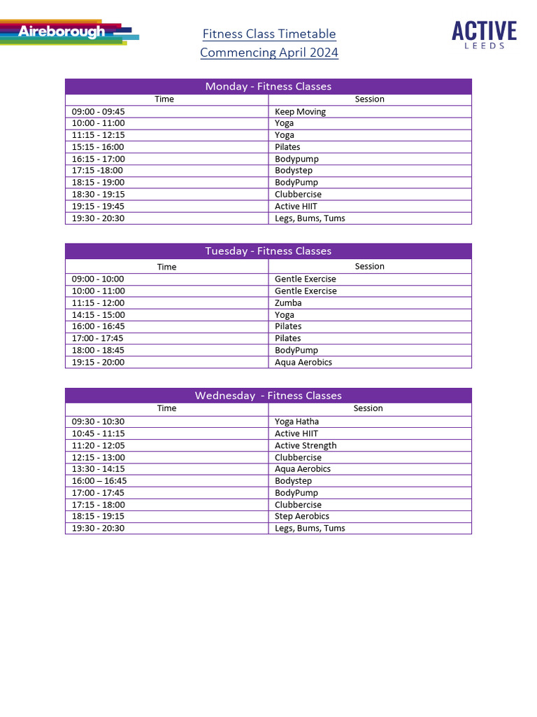 Aireborough Fitness Timetable April 2024 | PDF | Physical Fitness | Pilates