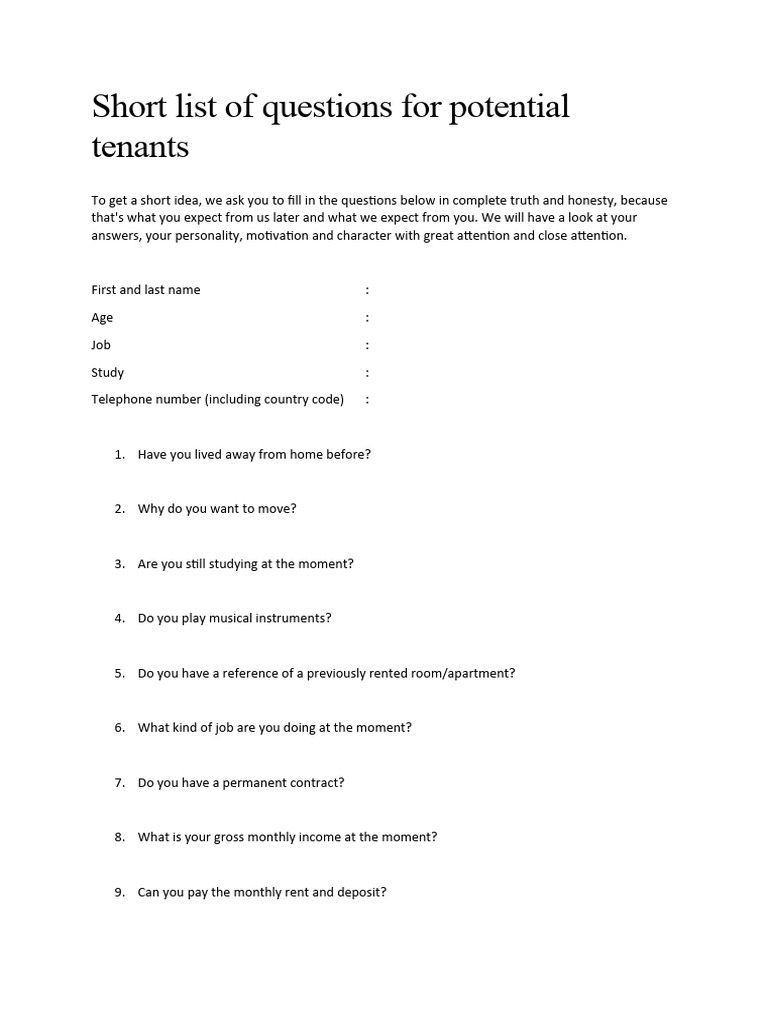 Short List of Questions For Potential Tenants PDF