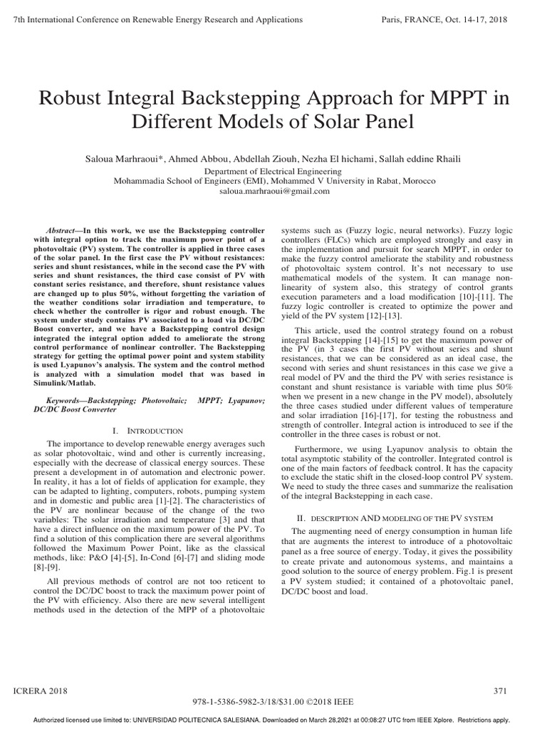 Robust Integral Backstepping Approach For MPPT in Different Models of ...
