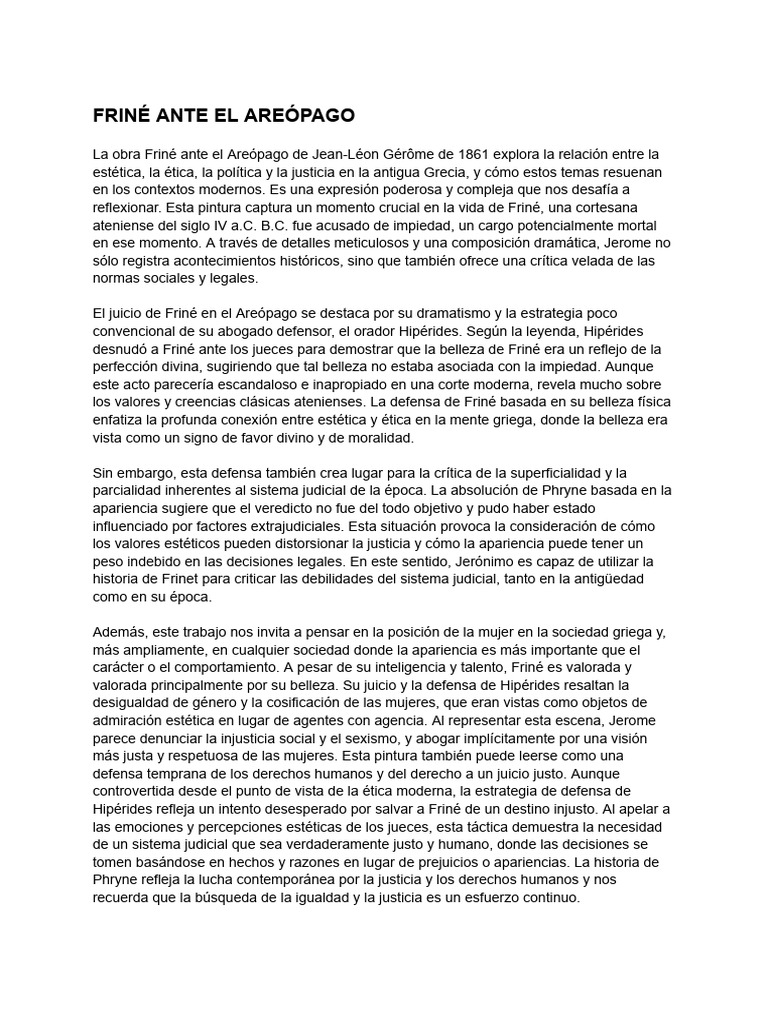 Friné ante el Areópago: Justicia y Belleza | PDF | Educación en artes ...