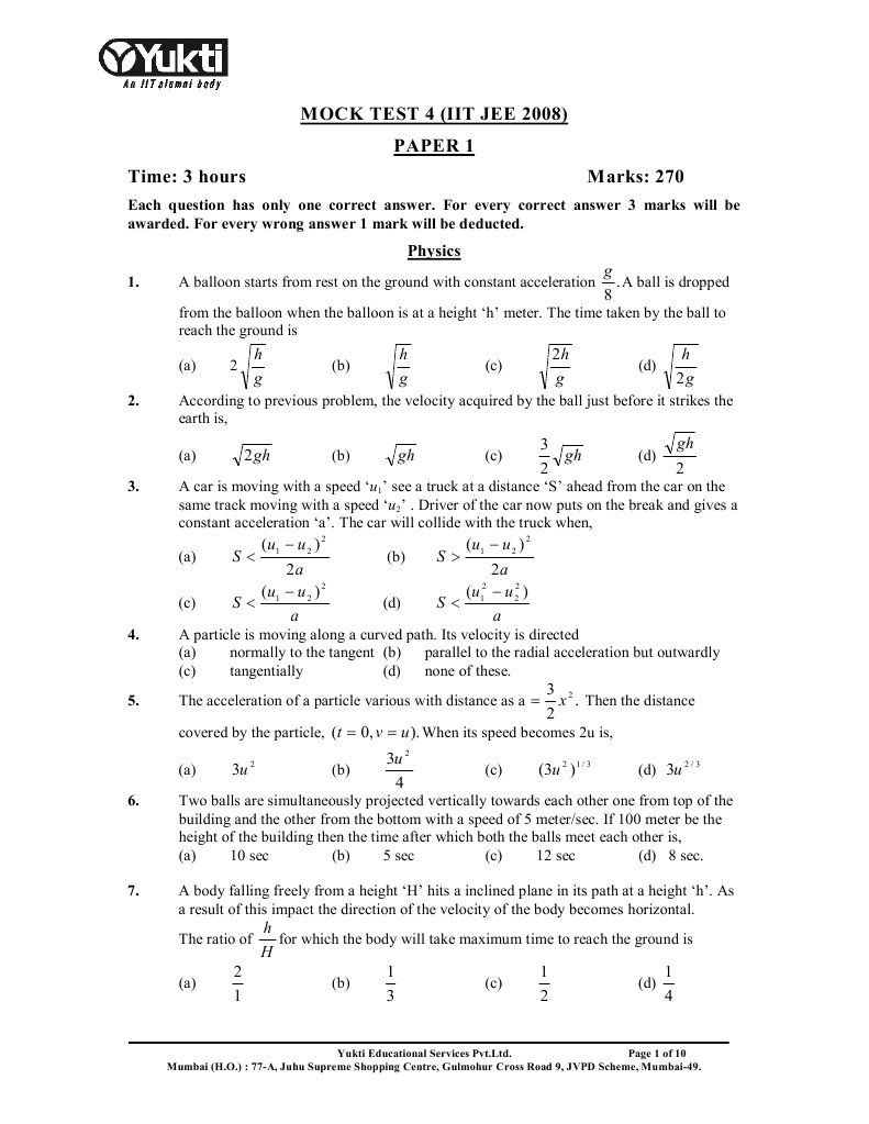 Mock Test Iit - Jee..Paper 1 | PDF | Teaching Methods & Materials ...