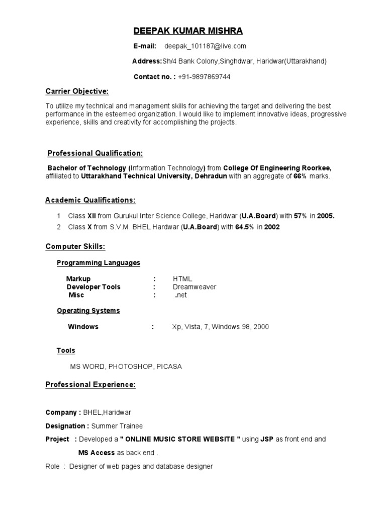 Deepak Kumar Mishra - IT Resume | PDF | Websites | Microsoft Windows