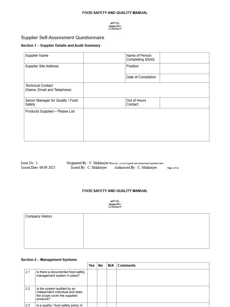 Supplier Self-Assessment Questionnaire | PDF | Hazard Analysis And ...