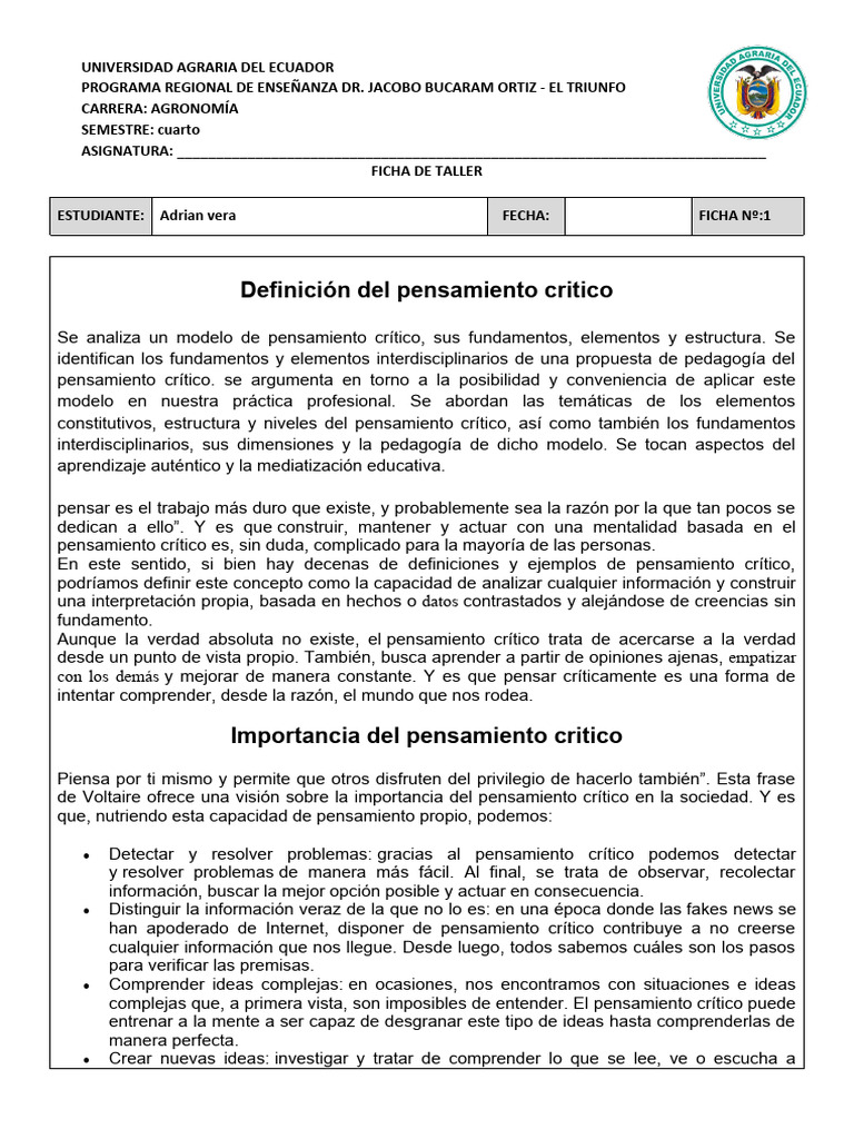 Importancia del Pensamiento Crítico en Educación | PDF | Pensamiento ...