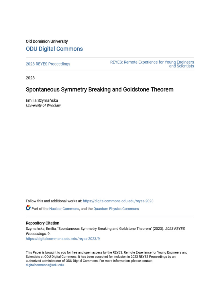 Spontaneous Symmetry Breaking and Goldstone Theorem | PDF | Physics ...
