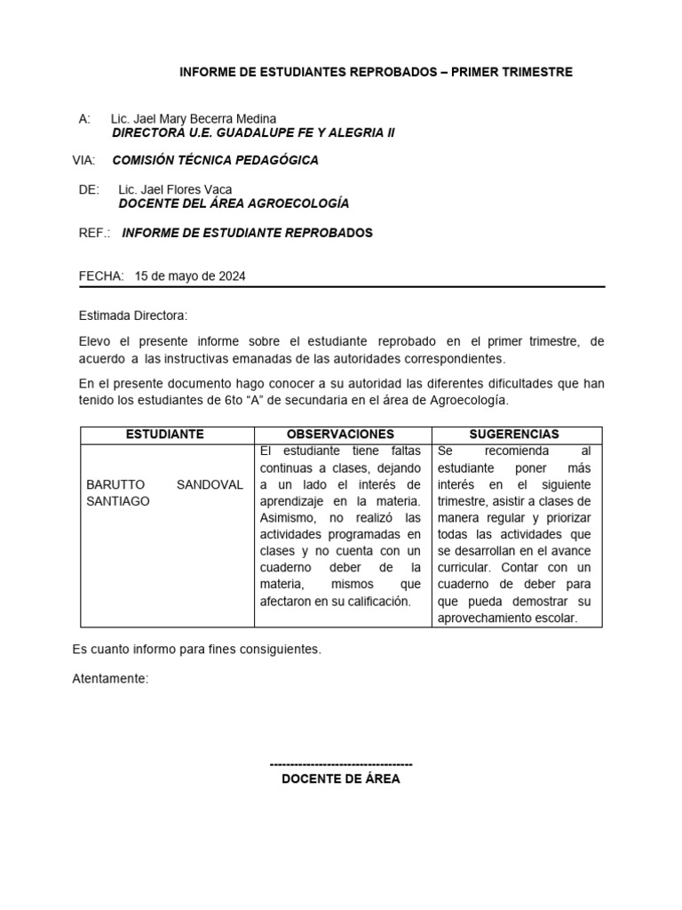 Informe de Reprobados Primer Trimestre 2024 | PDF | Aprendizaje ...