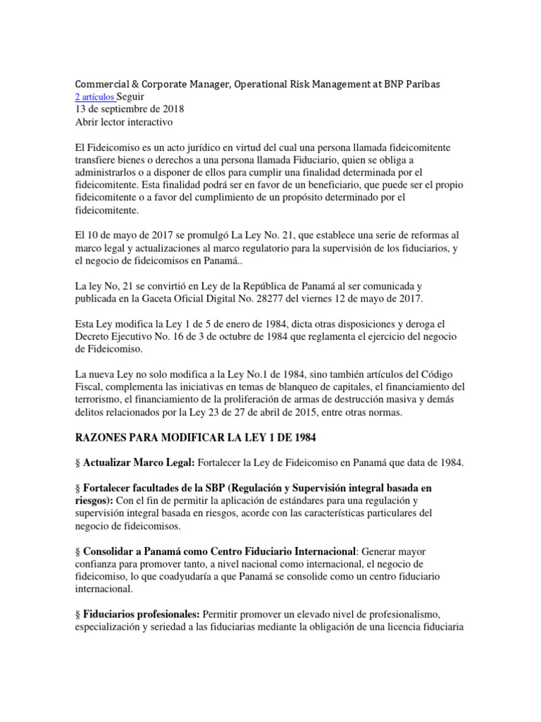 Reformas a la Ley de Fideicomiso en Panamá | PDF | Fiduciario | Justicia