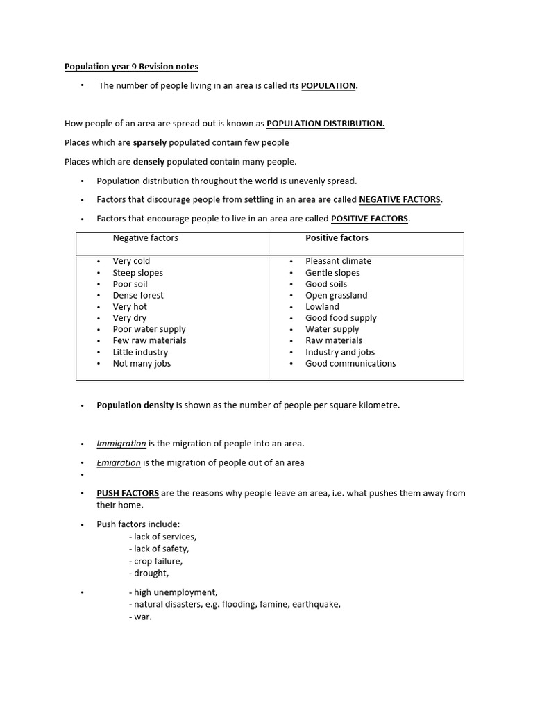 Year 9 Population Revision Notes | PDF | Human Migration | Birth Rate