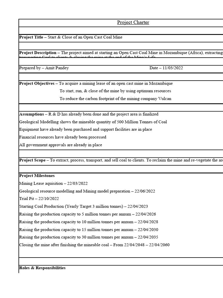 Open Cast Coal Mine Project Charter | PDF | Coal Mining | Mining