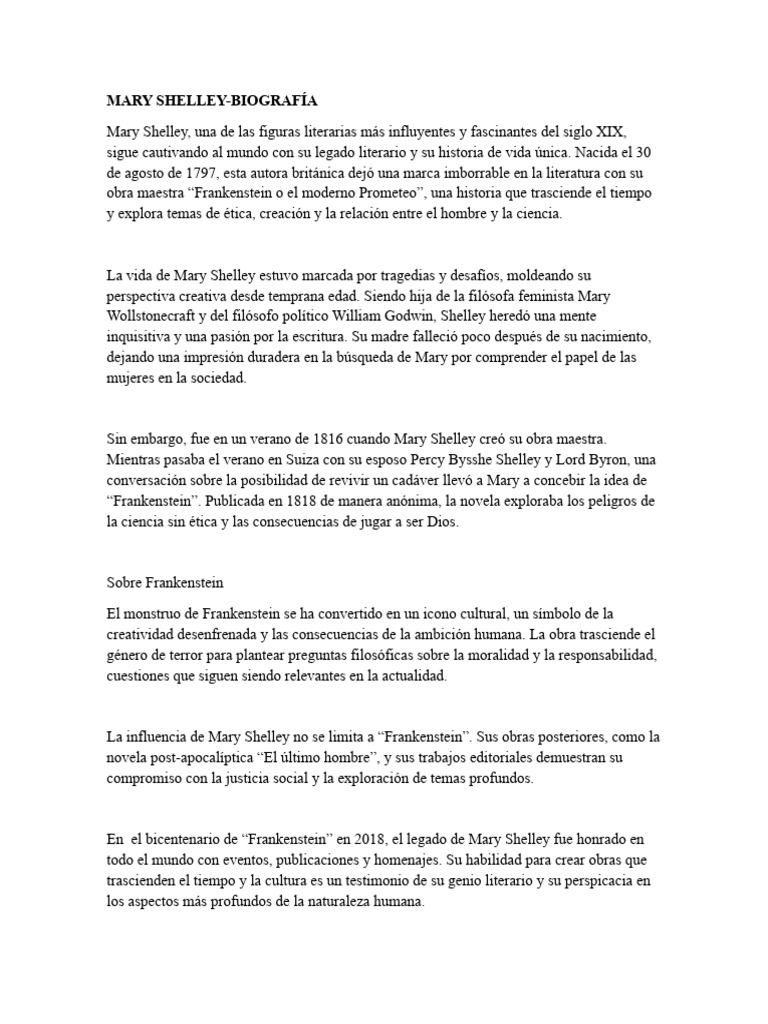 Biografía de Mary Shelley y su legado | PDF