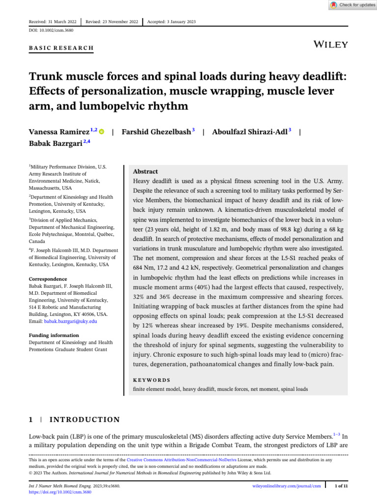 Numer Methods Biomed Eng - 2023 - Ramirez - Trunk Muscle Forces and ...