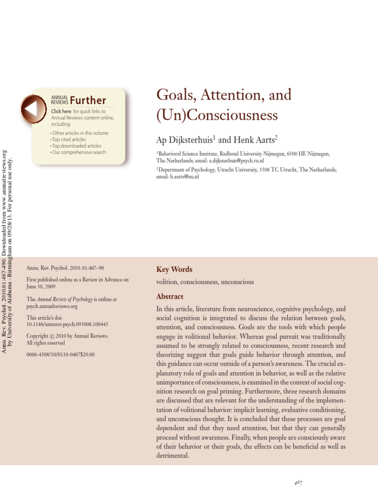 Goals Attention and Un Consciousness | PDF | Consciousness | Attention