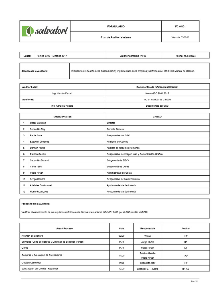 Plan de Auditoría Interna ISO 9001:2015 | PDF | Business | Procesos de ...