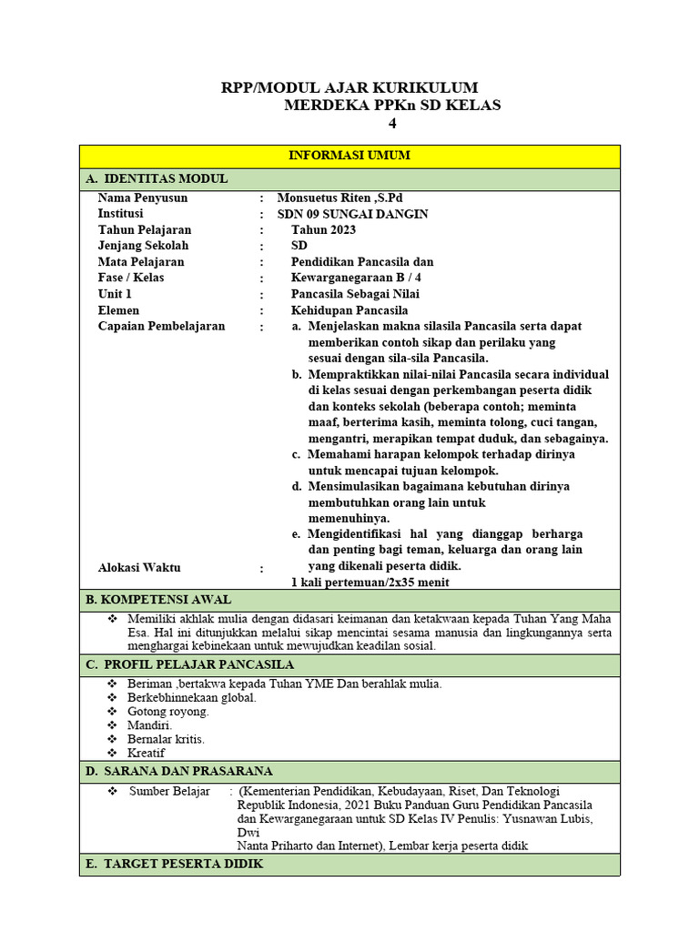 Rpp/Modul Ajar Kurikulum Merdeka PPKN SD Kelas 4 | PDF