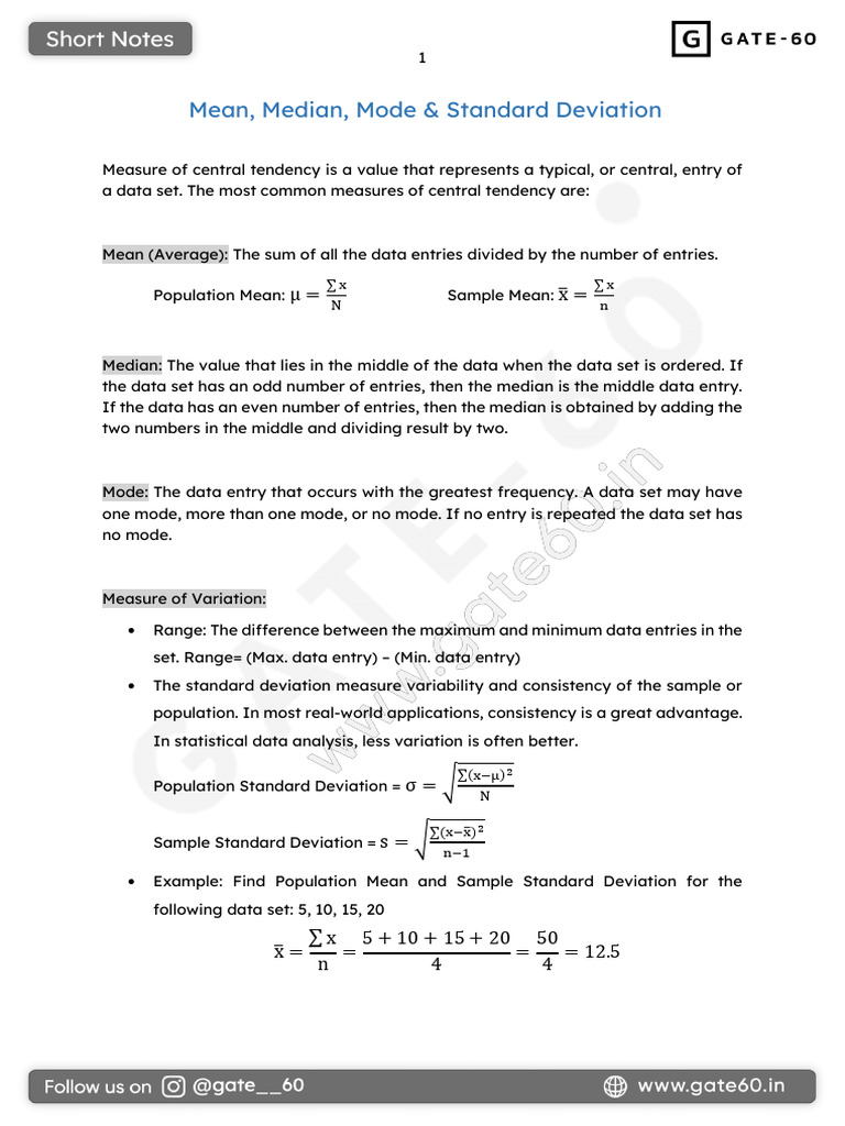Mean, Median, Mode & Standard Deviation (Gate60 Short Notes) - 1 | PDF ...