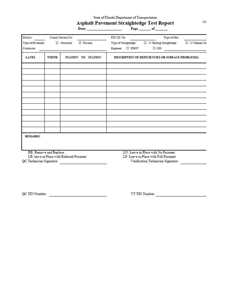 Asphalt Pavement Straightedge Test Report State of Florida Department