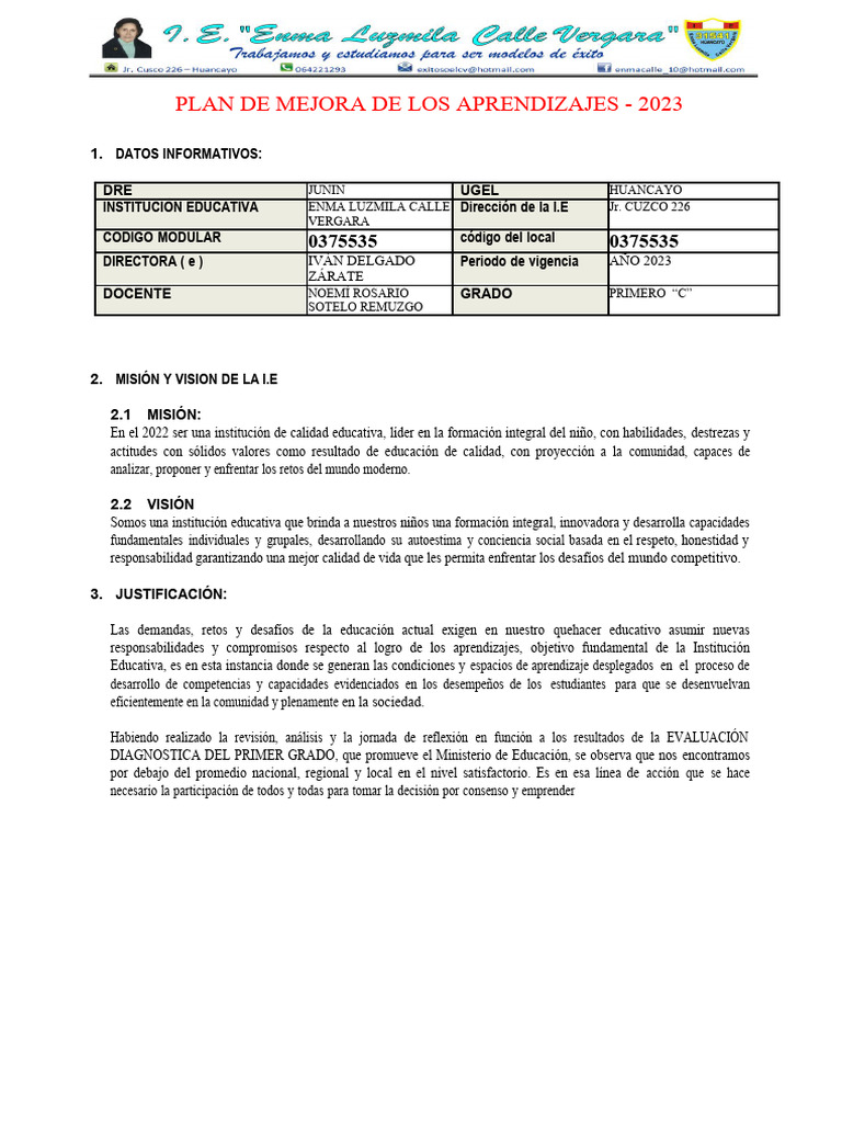 Plan de Mejora Primer Grado C | Descargar gratis PDF | Evaluación ...