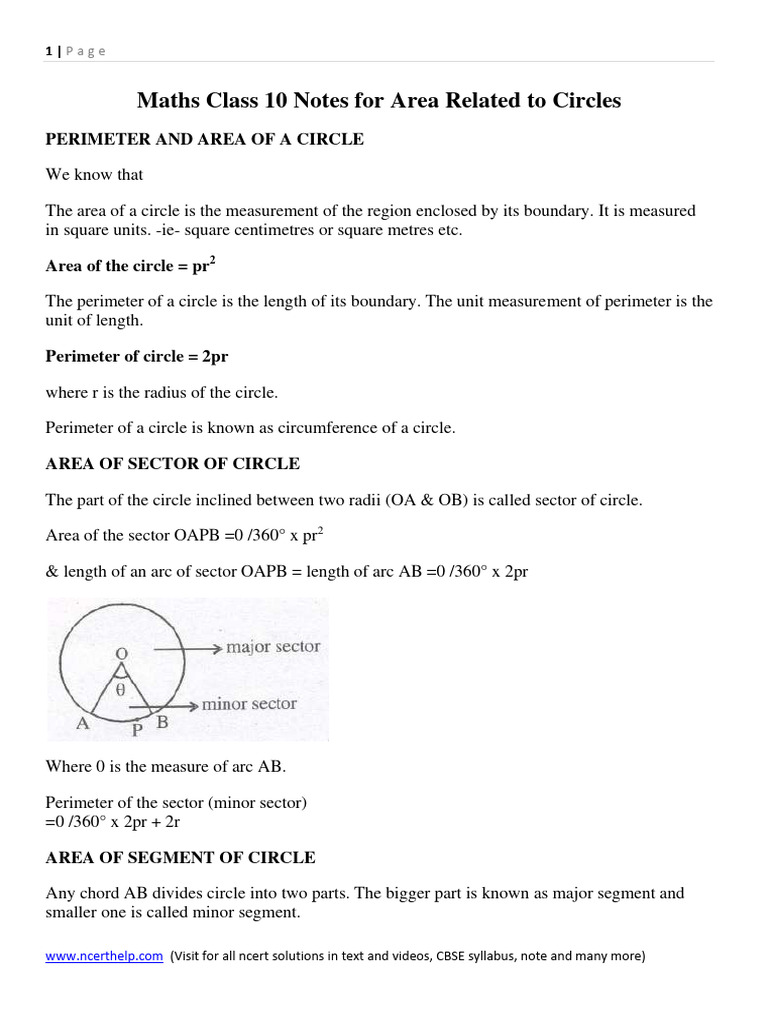 Maths notes for class 10 chapter 12 area related to circles pdf
