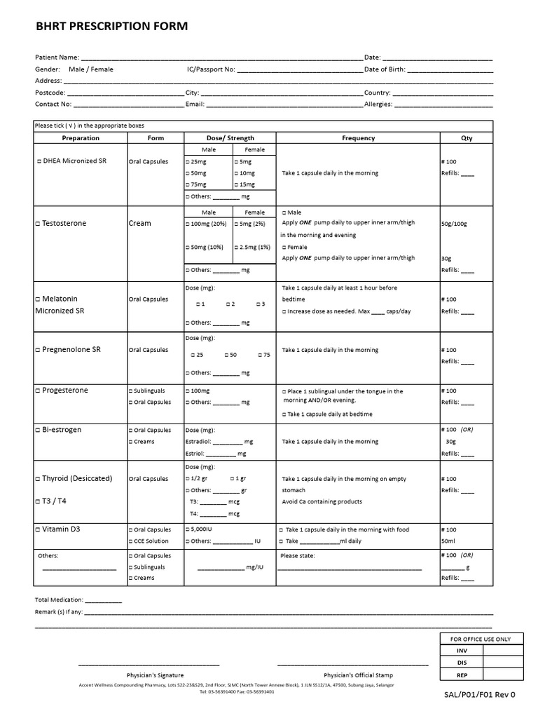 SALP01F01 BHRT Prescription Form (Rev 0) - 220127 | PDF | Pharmacology ...