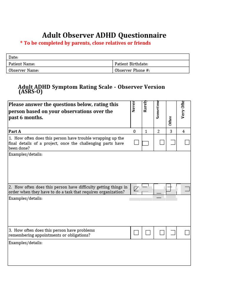 Adult ADHD Observer Questionnaire | PDF | Attention Deficit ...