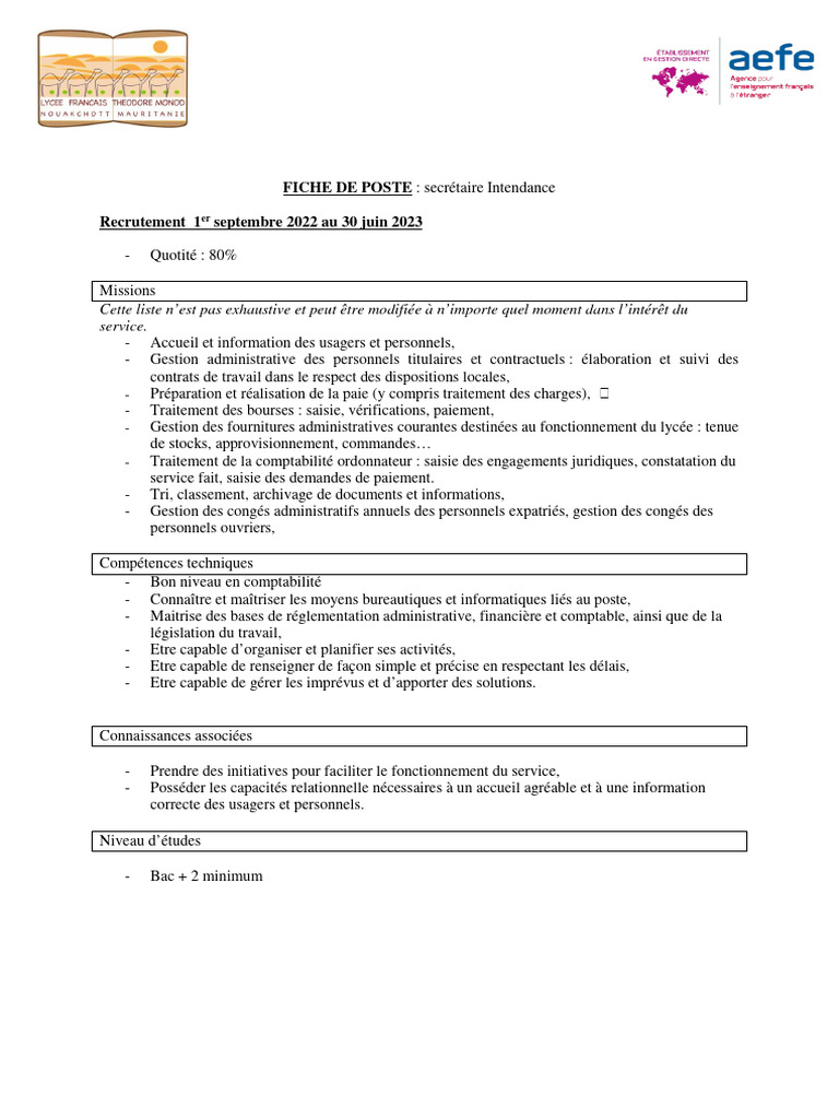 Fiche de Poste : Secrétaire Intendance | PDF
