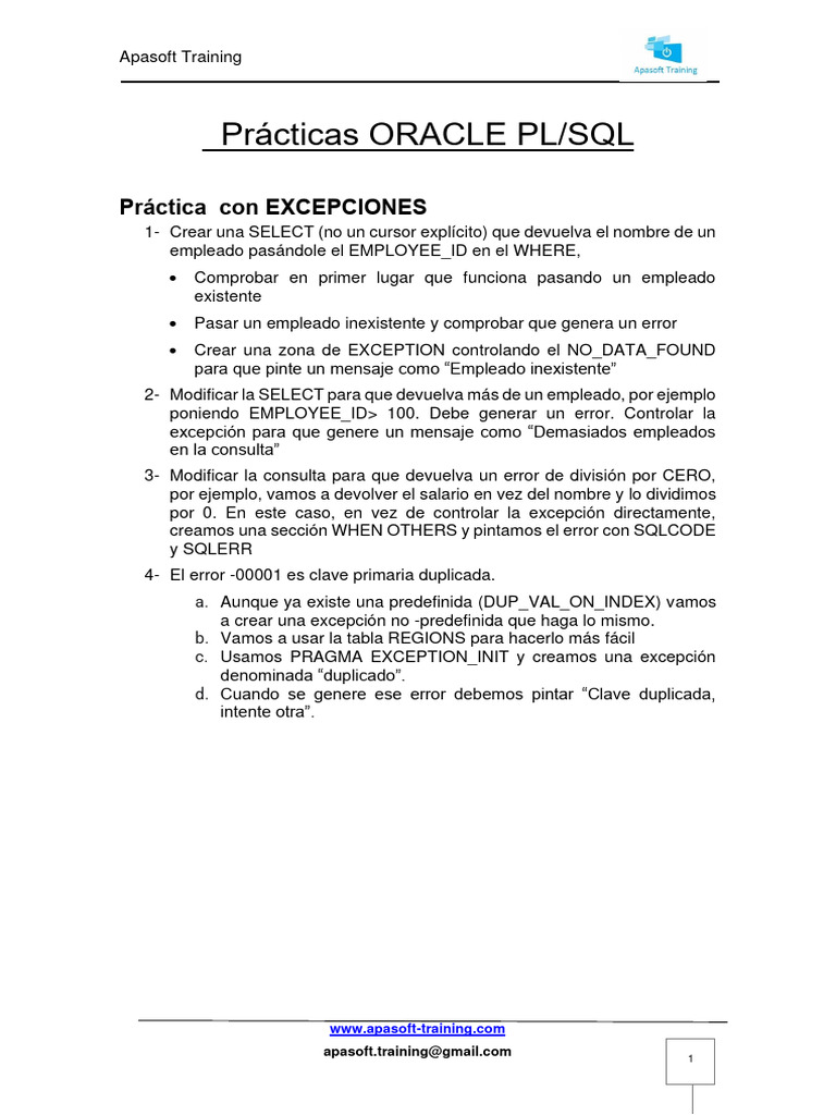 Prácticas de Excepciones en ORACLE PL/SQL | PDF | SQL | Modelo de datos