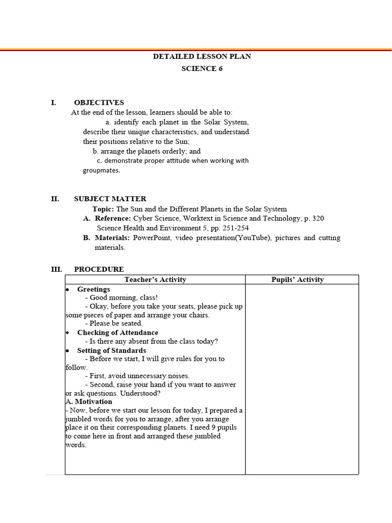 Lesson Plan: Solar System for Grade 6 | PDF | Planets | Solar System