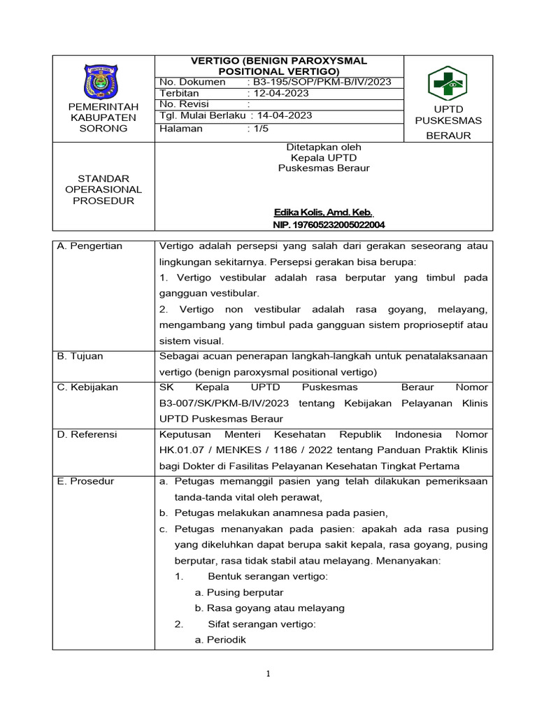 Sop 8 Vertigo Benign Paroxysmal Positional Vertigo Pdf