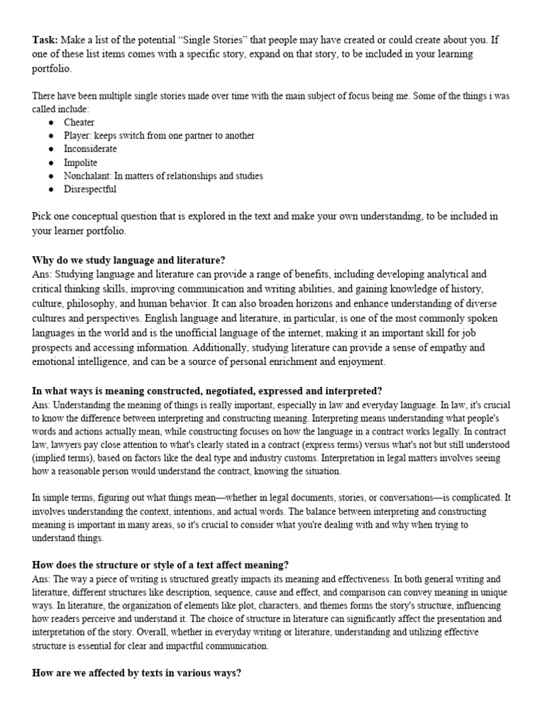 Danger of making a single story pdf reading comprehension memory