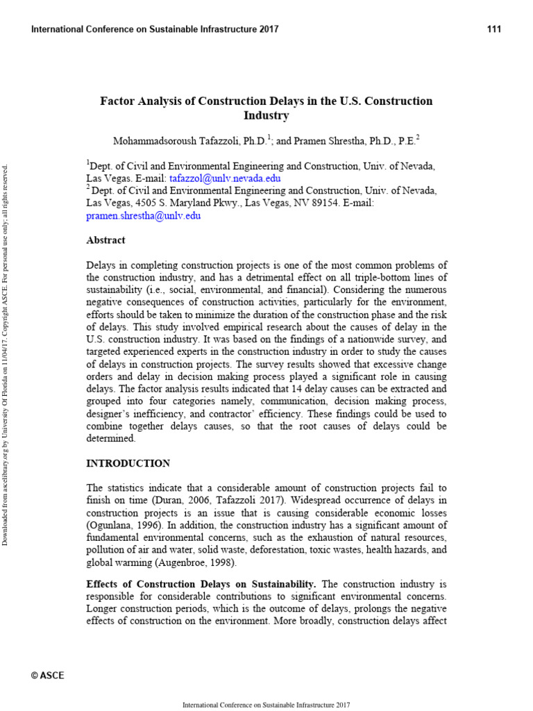 Factor Analysis of Construction Delays in The U.S. Construction ...