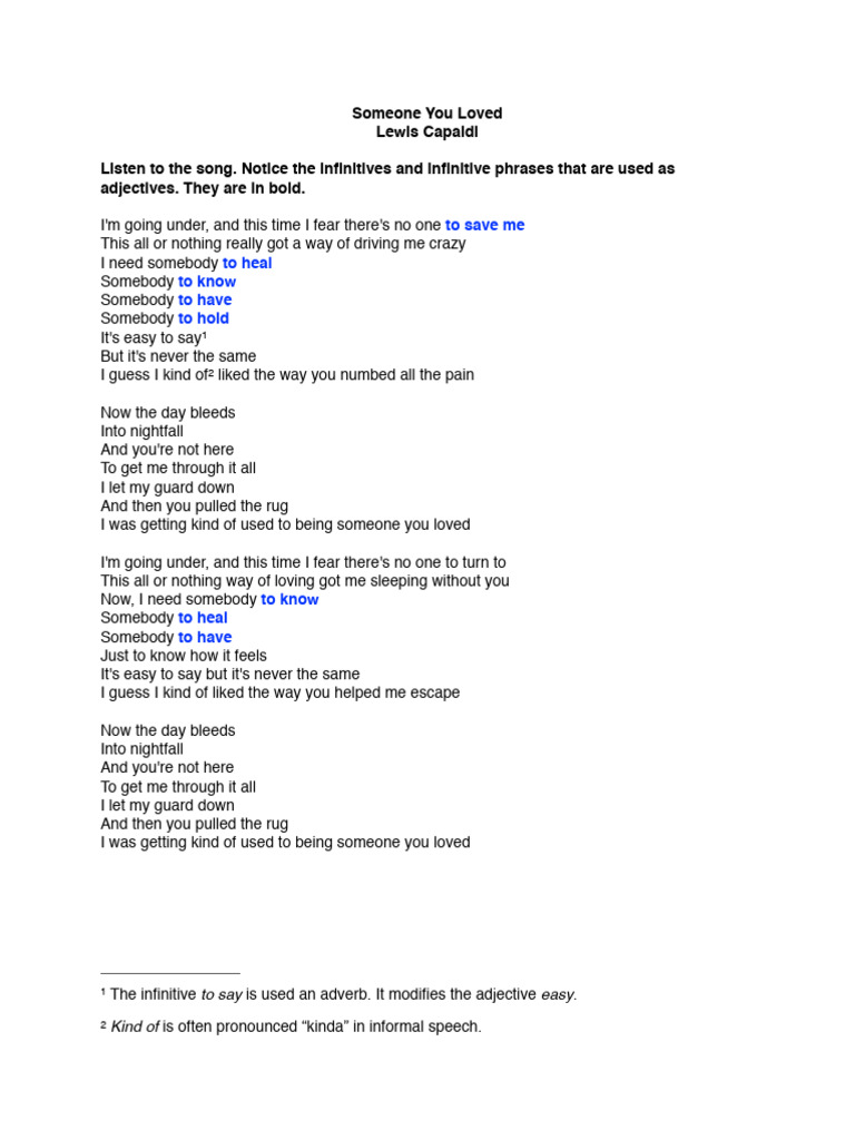 Analysis of "Someone You Loved" Lyrics | PDF | Language Arts ...