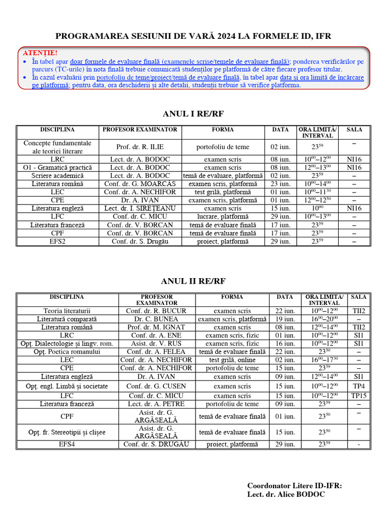 Programare Sesiune ID-IFR - Vara 2024 | PDF