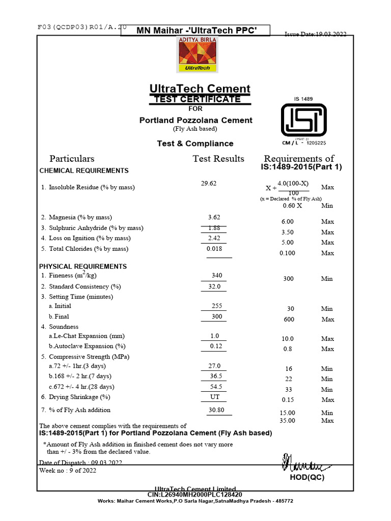 UltraTech PPC Cement Test Certificate | PDF | Cement | Secondary Sector ...