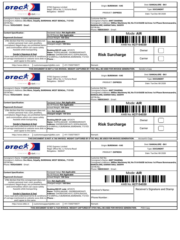 DTDC Express Shipment Details | PDF | Mail