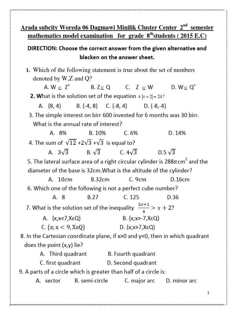 Grade 8 Mathematics Model Exam | PDF | Geometry | Mathematical Concepts