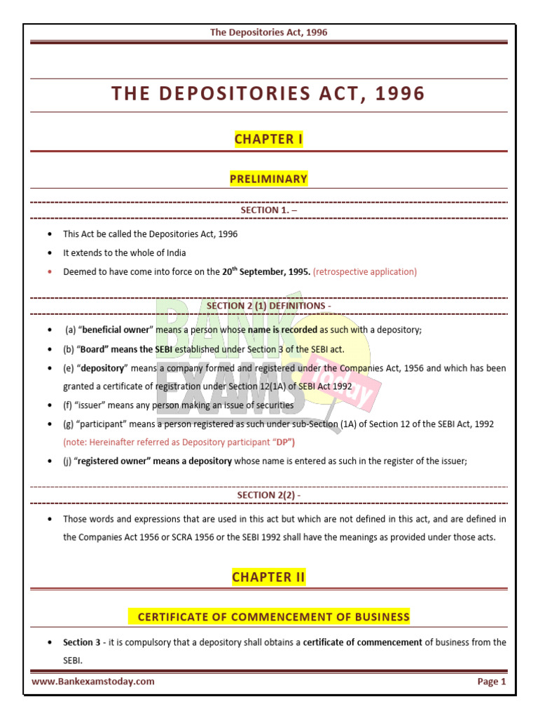 Overview of the Depositories Act, 1996 | PDF | Securities (Finance ...