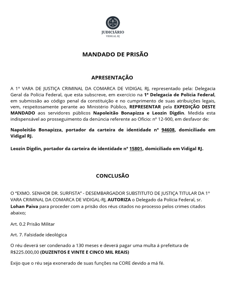 Mandado de Prisão em Vidigal RJ | PDF