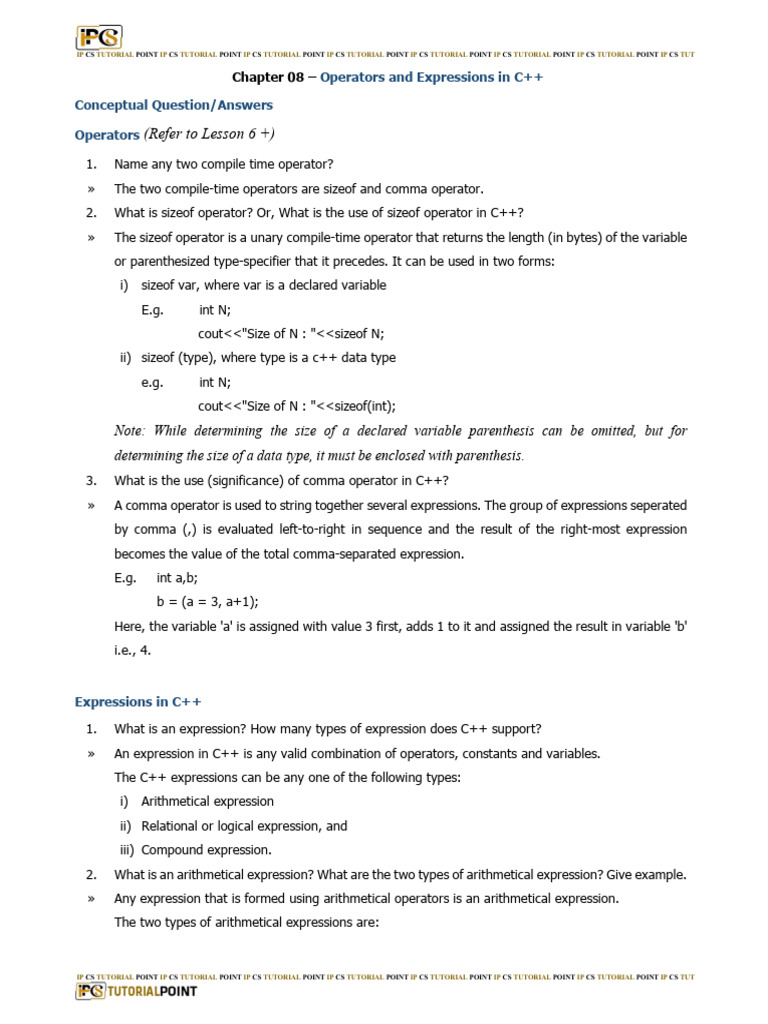 Operators and Expressions in C++ - 104816 | Download Free PDF ...