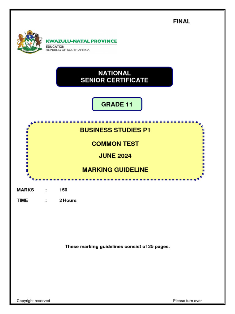 Business studies p1 gr 11 june 2024 marking guideline final pdf
