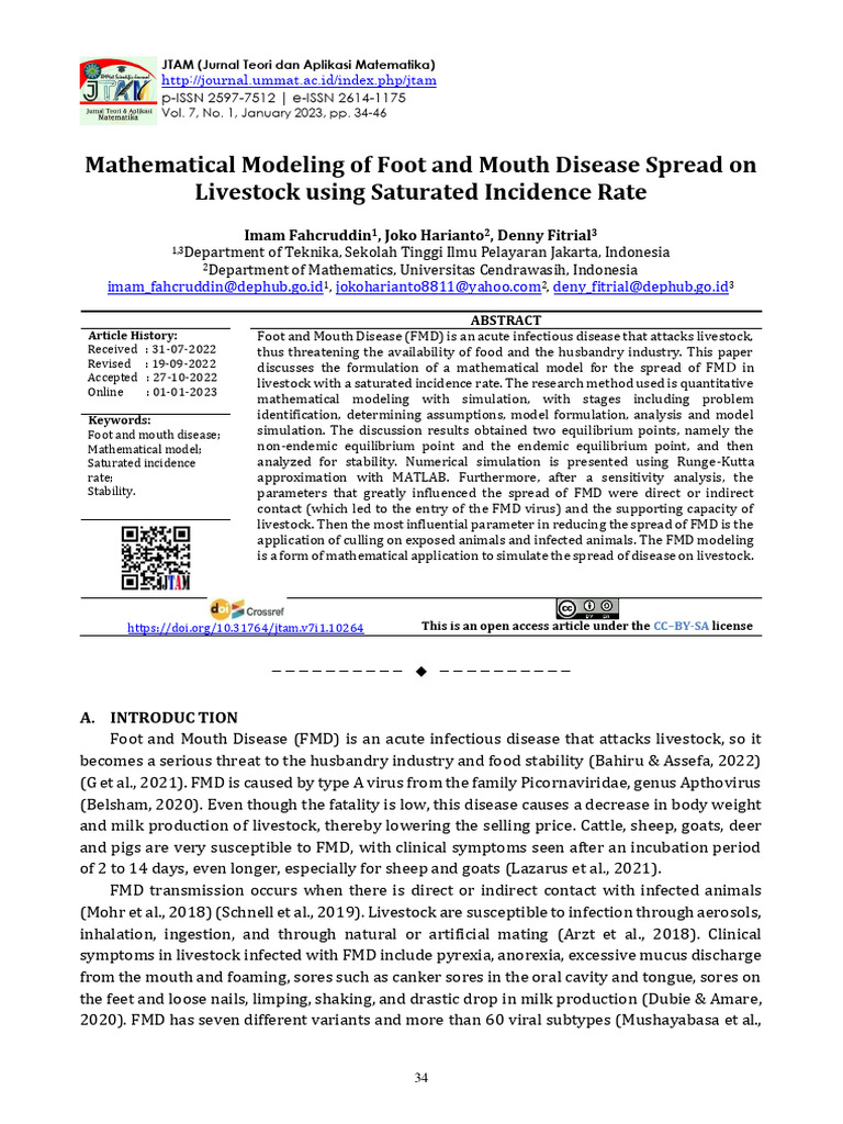 Mathematical Modeling of Foot and Mouth Disease Spread On Livestock ...