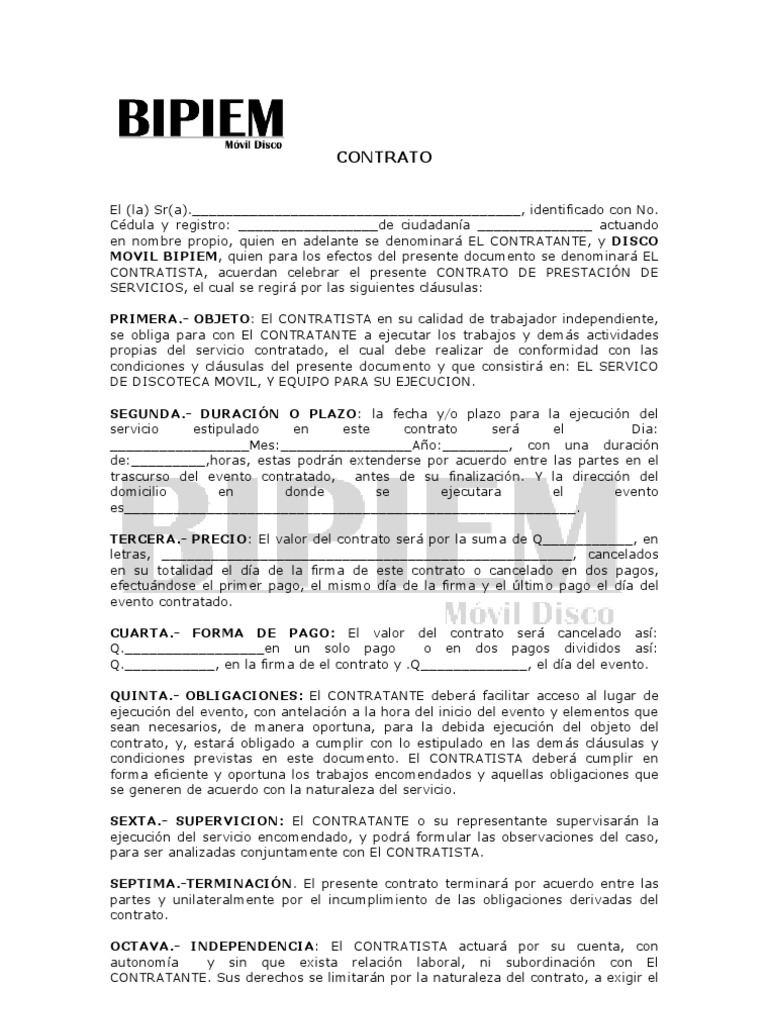 Contrato por prestacion de servicios modelo