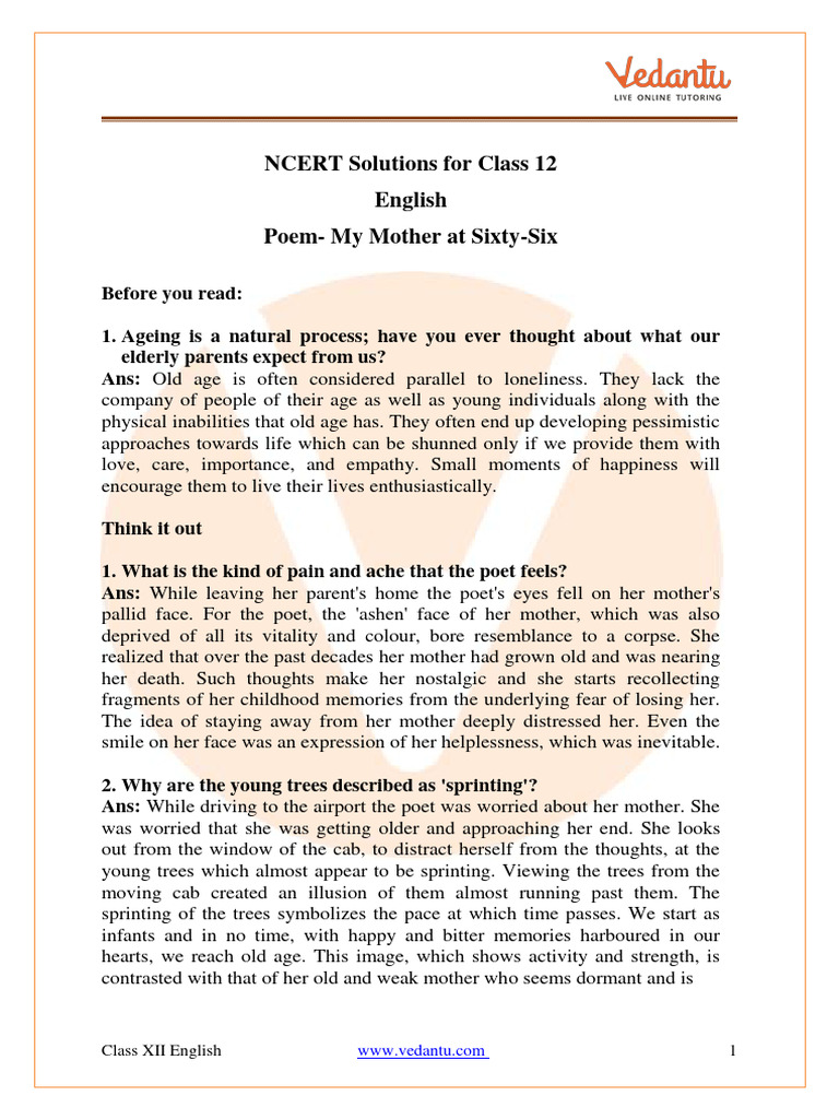 Ncert solutions for class 12 english chapter 1 my mother at sixty six