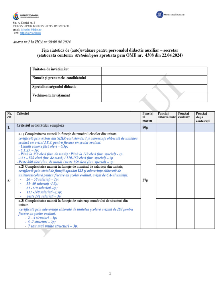 Fisa Sintetică de (Auto) Evaluare - GM - Secretar - 2024 | PDF