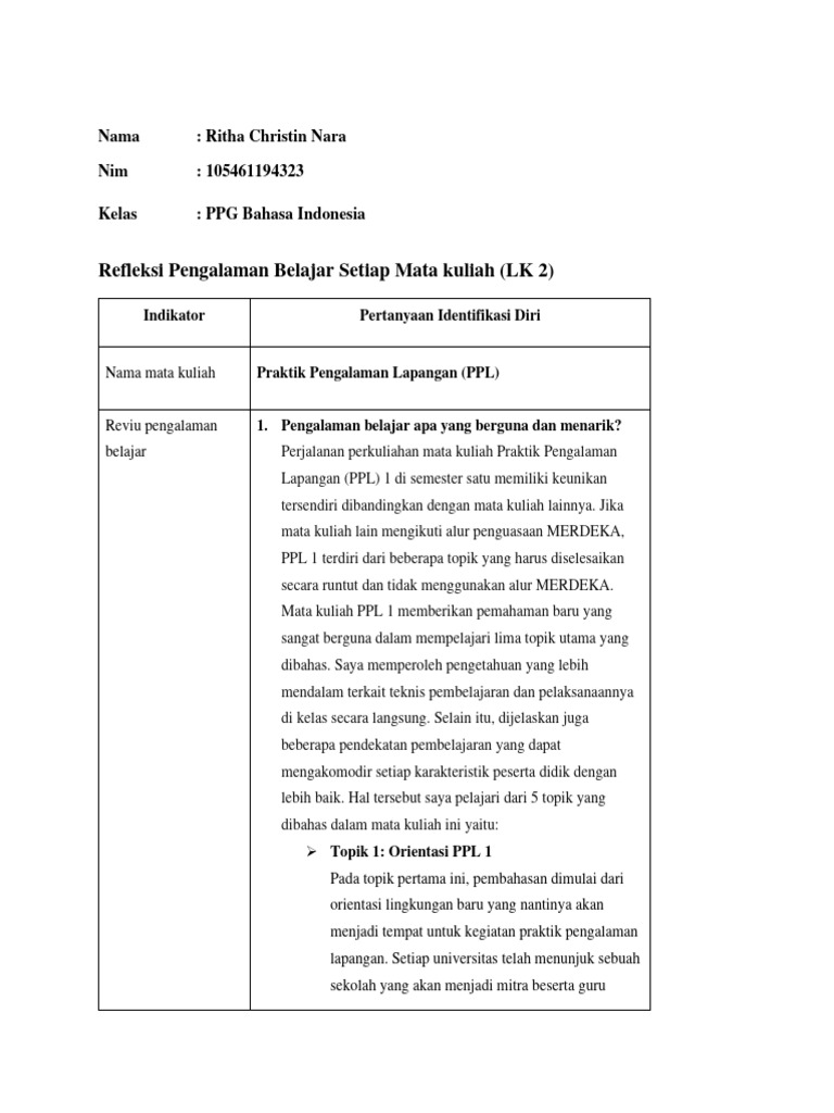 Refleksi PPL 1: Pengalaman Belajar | PDF
