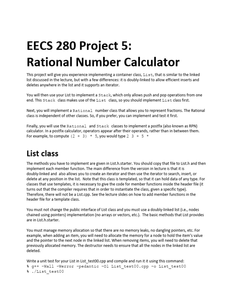 EECS 280 Project 5: Rational Number Calculator: List Class | PDF ...