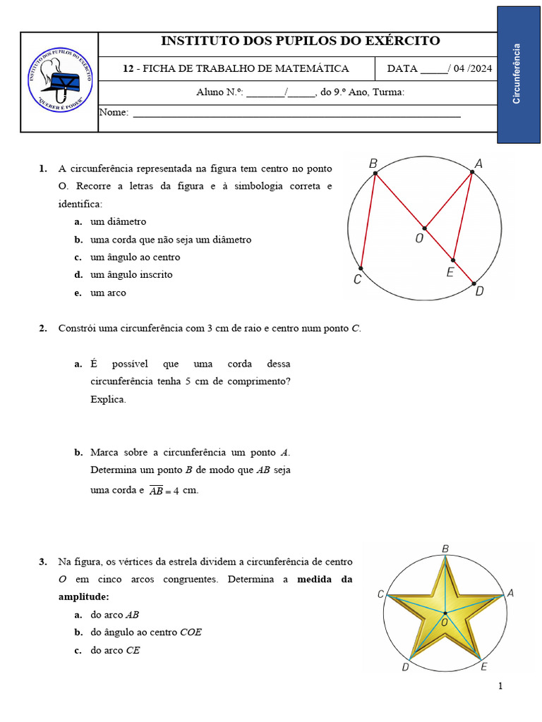 FT_circunferência (exercícios de consolidação) - 9º ano | Download ...